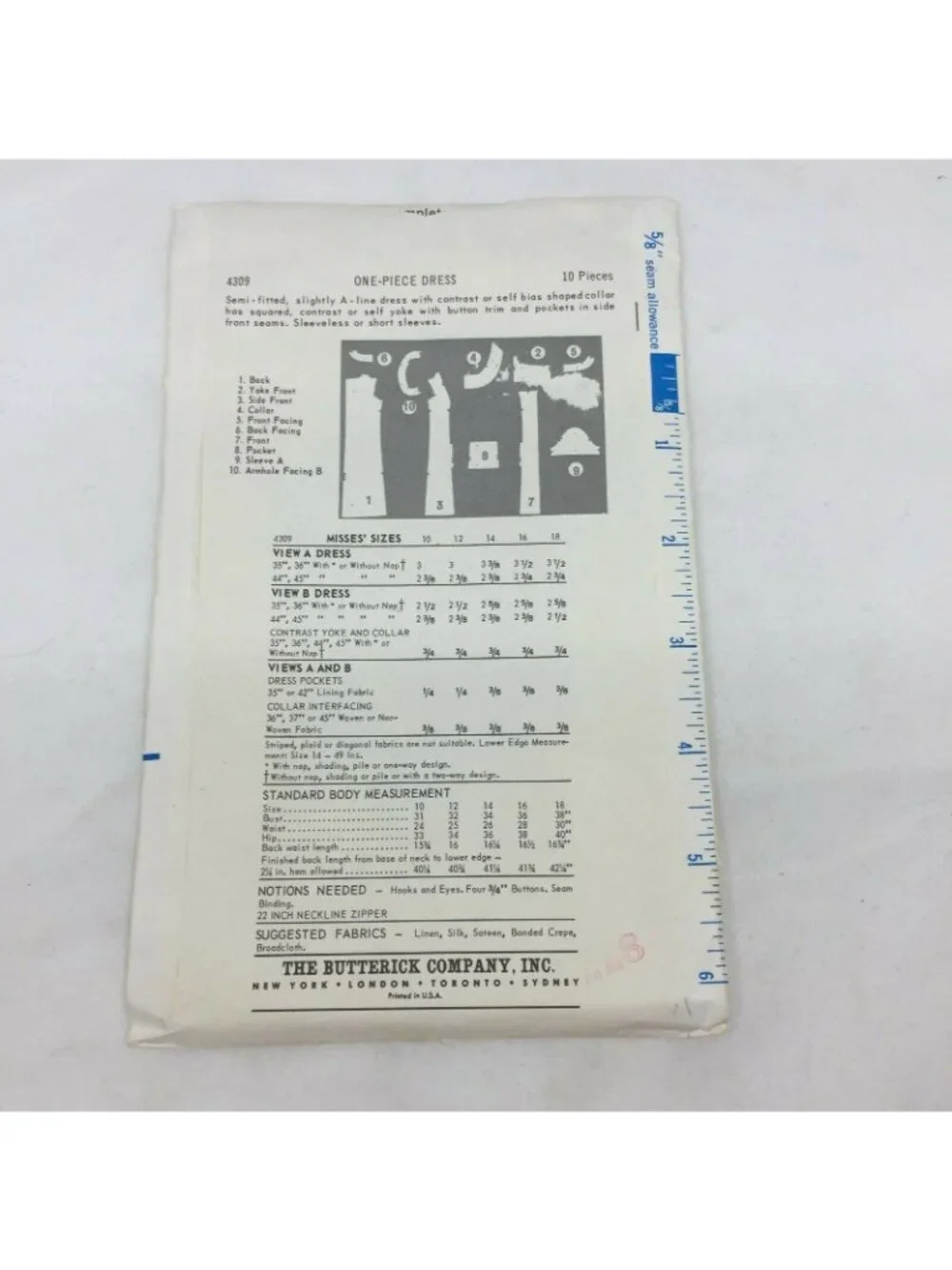 Vintage Butterick 4309 Womens Semi Fitted A-line Dress Collar Sewing Craft 12